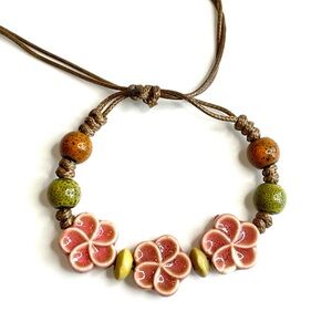 Pink Hibiscus Bracelet Flower beaded macrame green brown bohemian ceramic